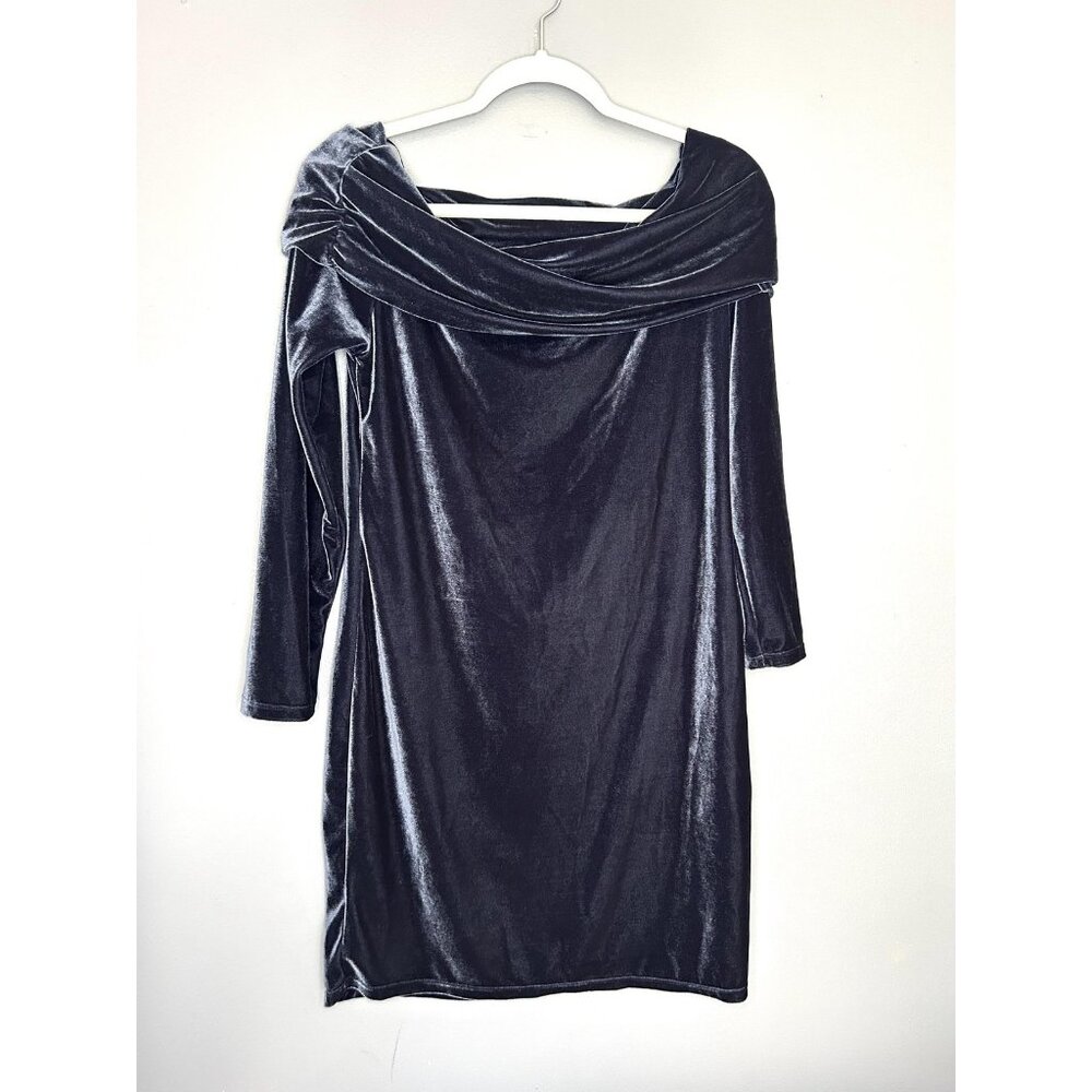 MNG Dress XL Blue Velvet Off Shoulder Long Sleeve Mini Cocktail Holiday Party
